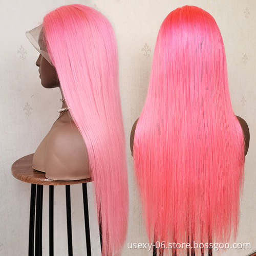 Brazilian frontal color human hair wigs raw virgin hair hd lace front wigs human hair pre plucked hd closure pink wig